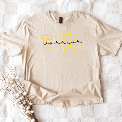 Endometriosis Awareness Shirt | Gift For Endo Warrior beige tee with yellow ENDO outline and cursive warrior