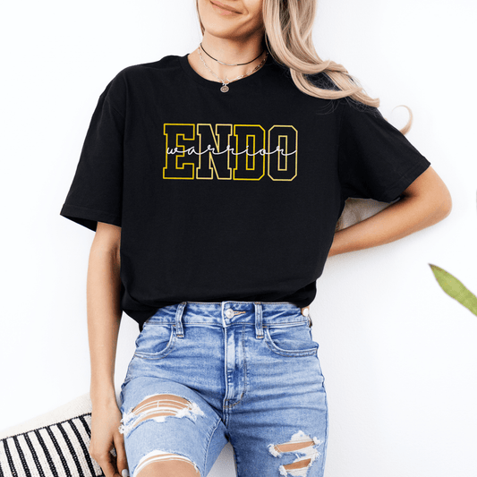 Young woman wearing black ENDO t shirt with yellow outline and ripped jeans Endometriosis Awareness Shirt | Gift For Endo Warrior