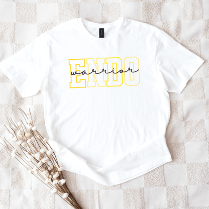 White t shirt with yellow outlined ENDO and black warrior script on front Endometriosis Awareness Shirt | Gift For Endo Warrior