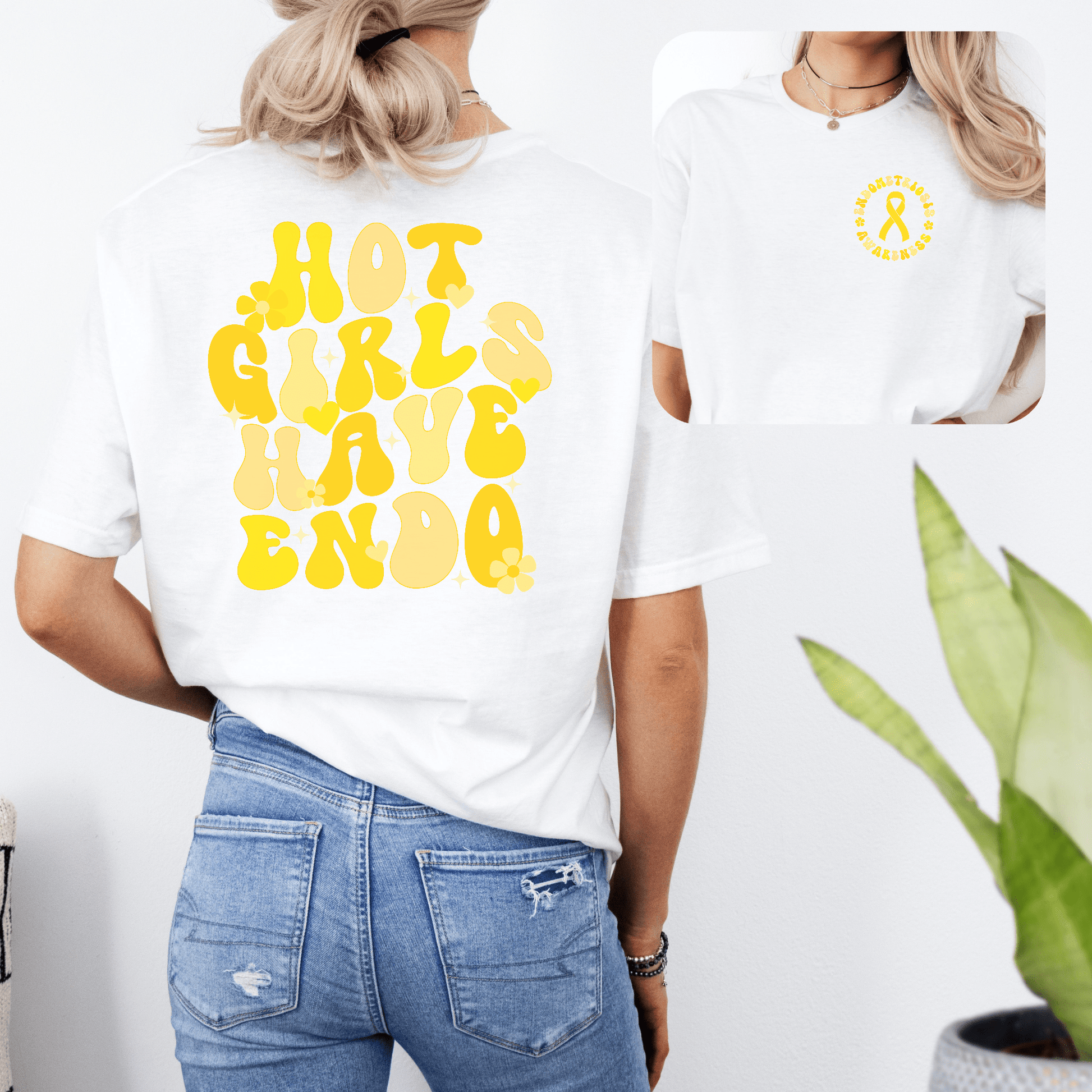 White cotton Endometriosis Awareness Shirt with small yellow ribbon on front and retro yellow HOT GIRLS HAVE ENDO back print