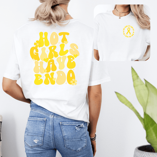 White cotton Endometriosis Awareness Shirt with small yellow ribbon on front and retro yellow HOT GIRLS HAVE ENDO back print