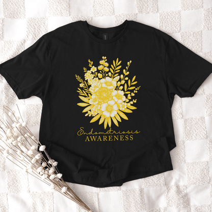 Floral Endometriosis Awareness Shirt  | Gift For Endo Warrior. Black tee with yellow floral bouquet by Maddy and George