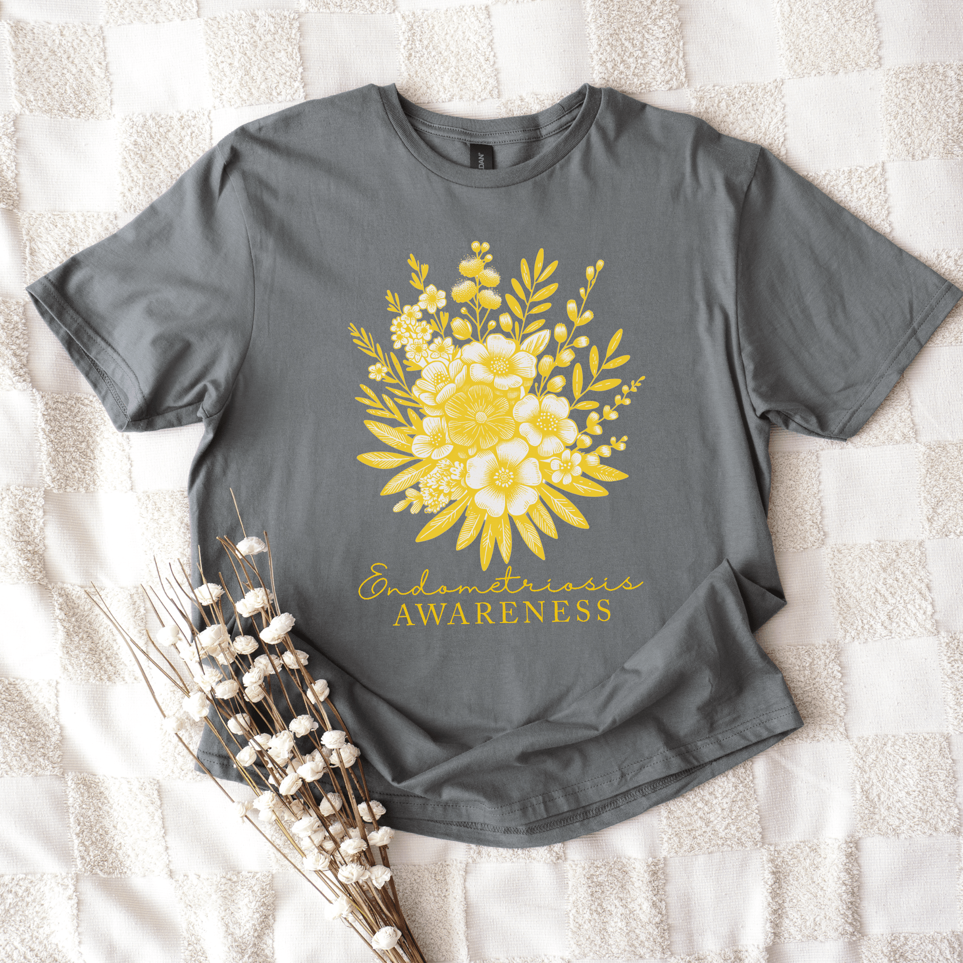 Maddy and George Designs gray tee with yellow floral bouquet, Floral Endometriosis Awareness Shirt  | Gift For Endo Warrior.