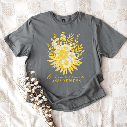 Maddy and George Designs gray tee with yellow floral bouquet, Floral Endometriosis Awareness Shirt  | Gift For Endo Warrior.