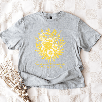 Gray tee with yellow floral print and script text Floral Endometriosis Awareness Shirt  | Gift For Endo Warrior.