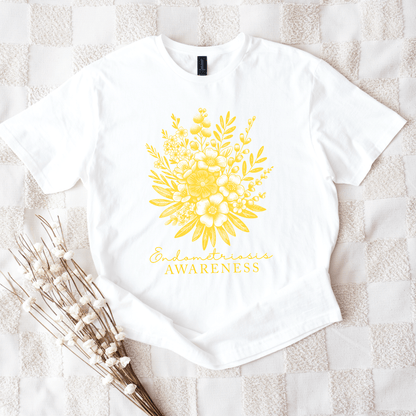 White shirt with yellow floral print and Endometriosis Awareness text Floral Endometriosis Awareness Shirt  | Gift For Endo Warrior.