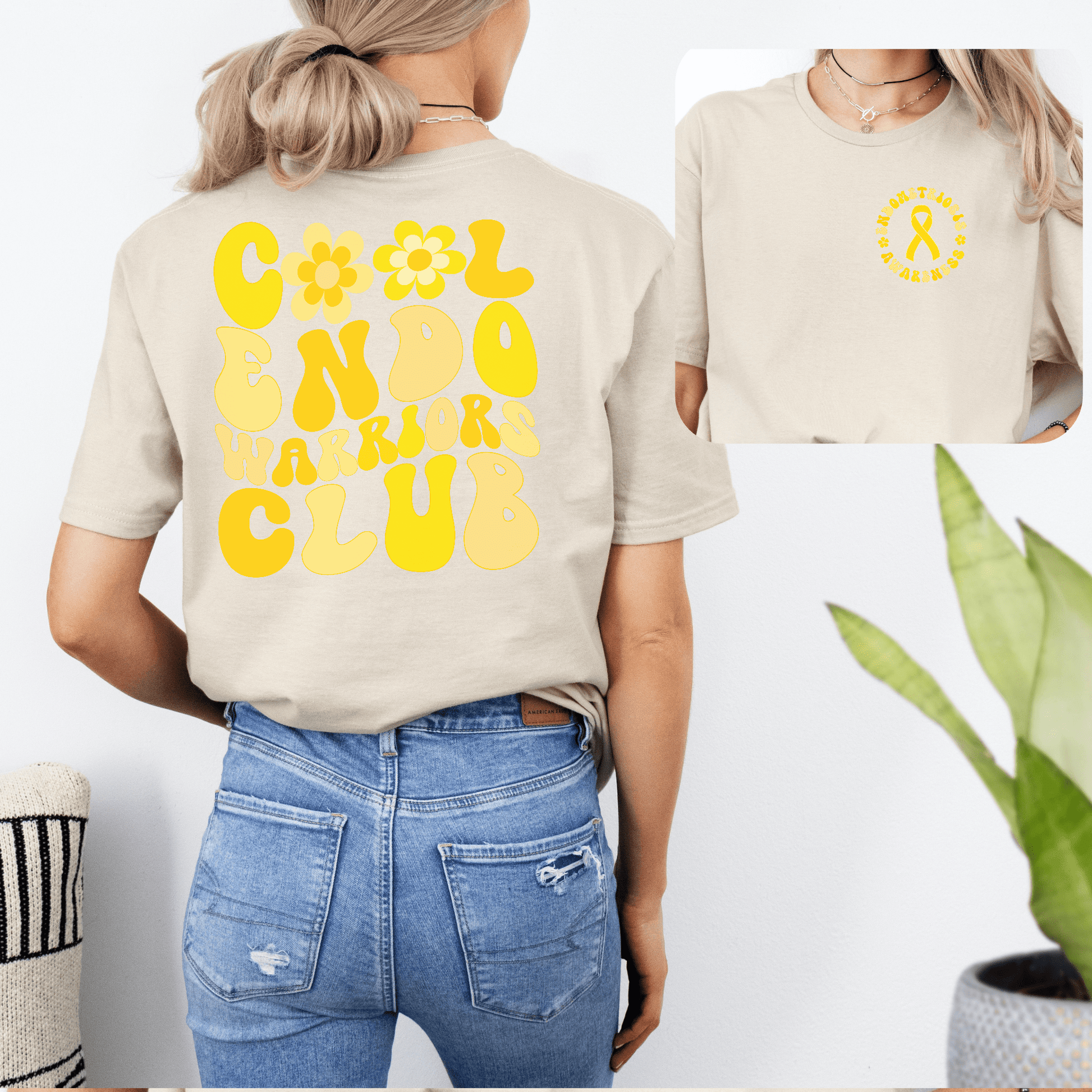 Endometriosis Awareness Shirt beige tee with yellow retro Cool Endo Warriors Club back print