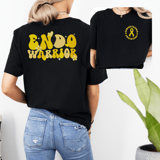 Maddy and George Designs black tee with yellow retro back print and front ribbon Endo Warrior Shirt | Endometriosis Awareness Gift