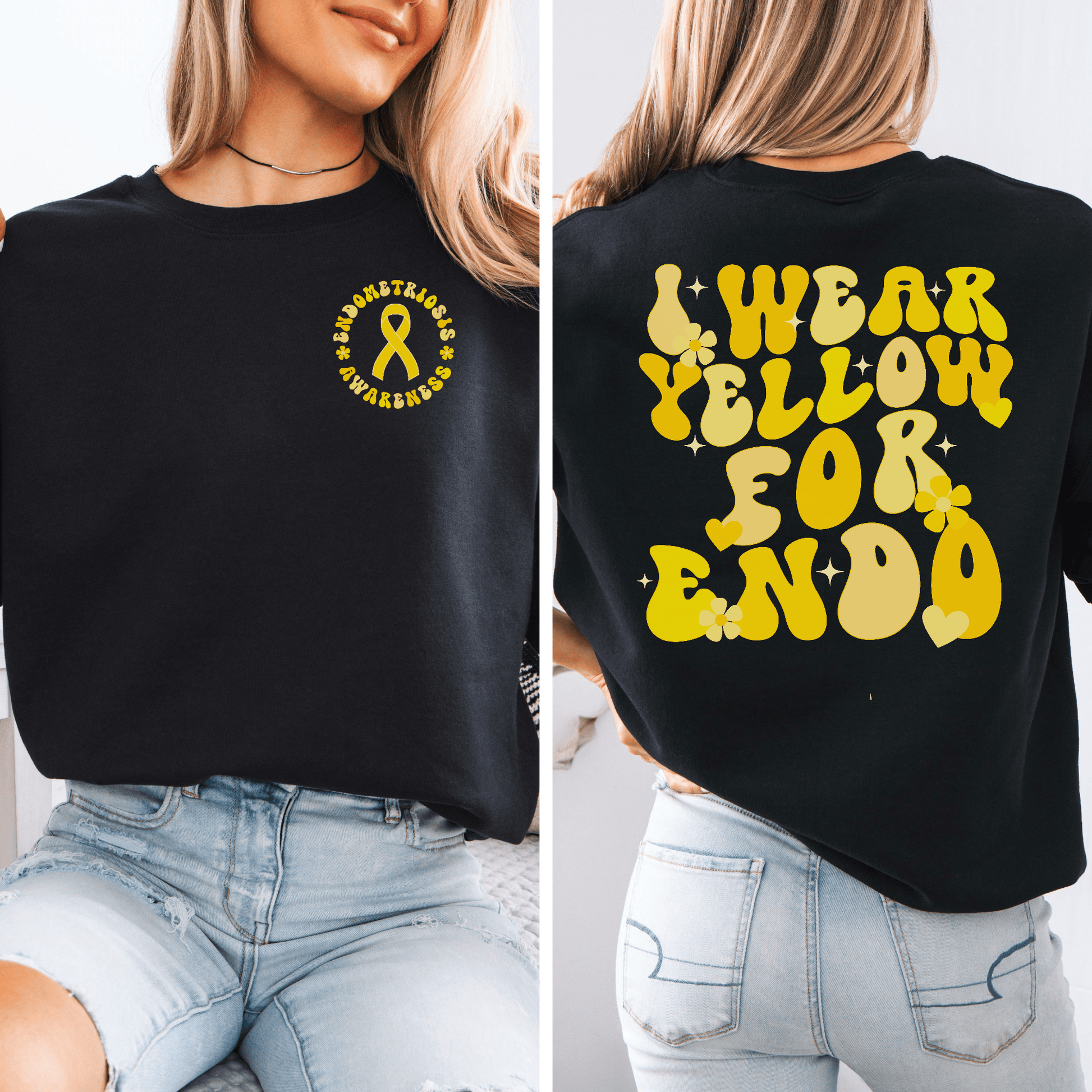 Endometriosis Awareness Jumper black crew neck with yellow ribbon chest print and large retro back print