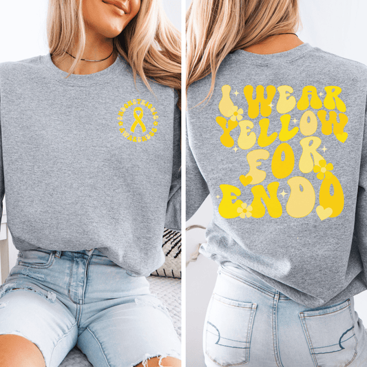 Endometriosis Awareness Jumper gray crewneck with yellow ribbon chest logo and bold retro yellow back print