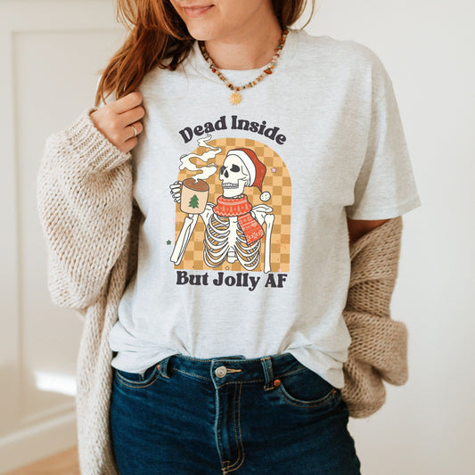 Dead Inside but Jolly AF shirt, Christmas Skeleton Shirt, Funny Christmas shirt, Skeleton Coffee t-shirt, Coffee lover christmas gift,