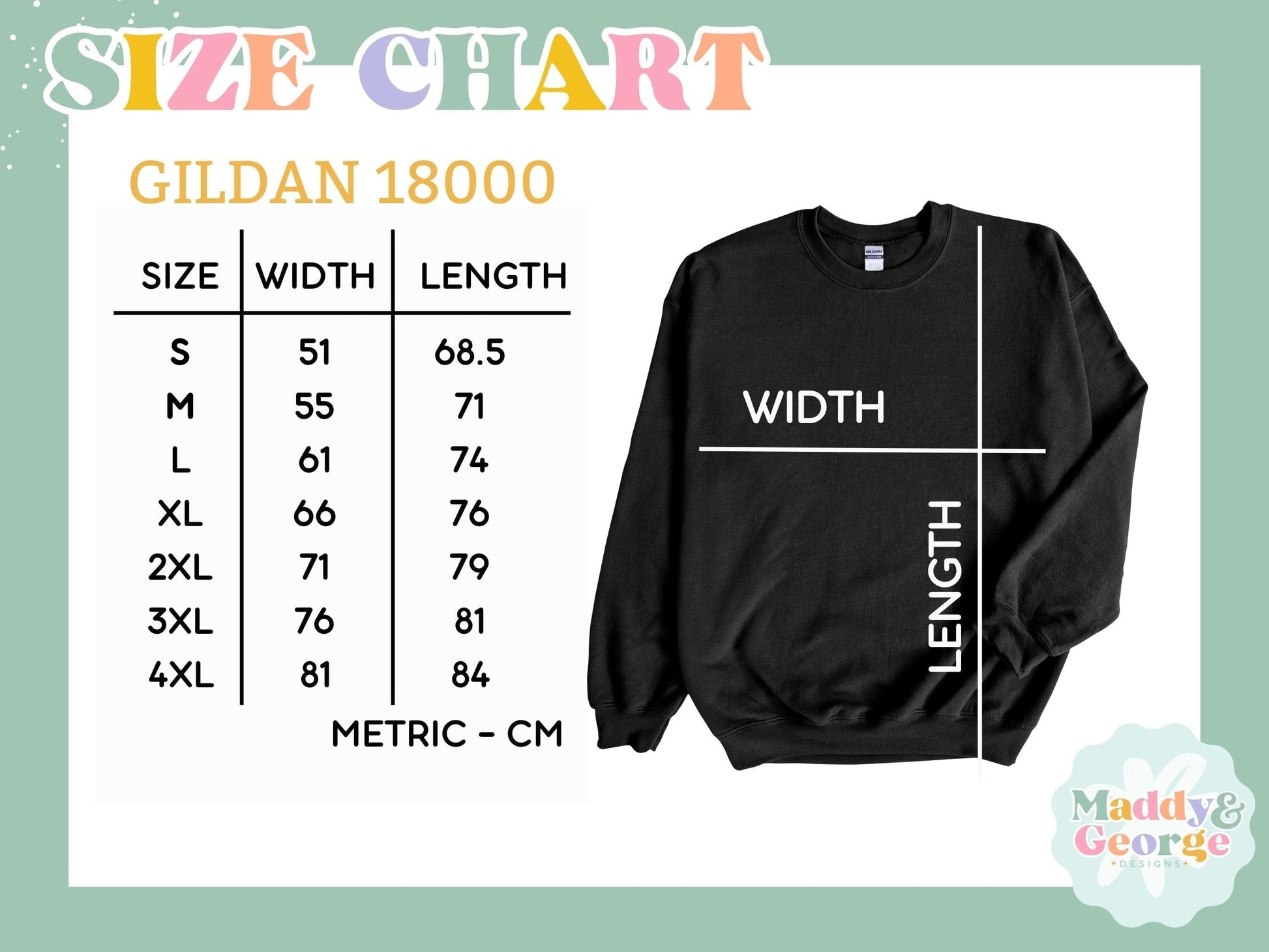 a size chart for a sweatshirt with the measurements