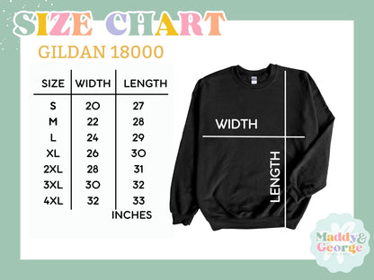 a black sweatshirt with the size chart of the sweatshirt