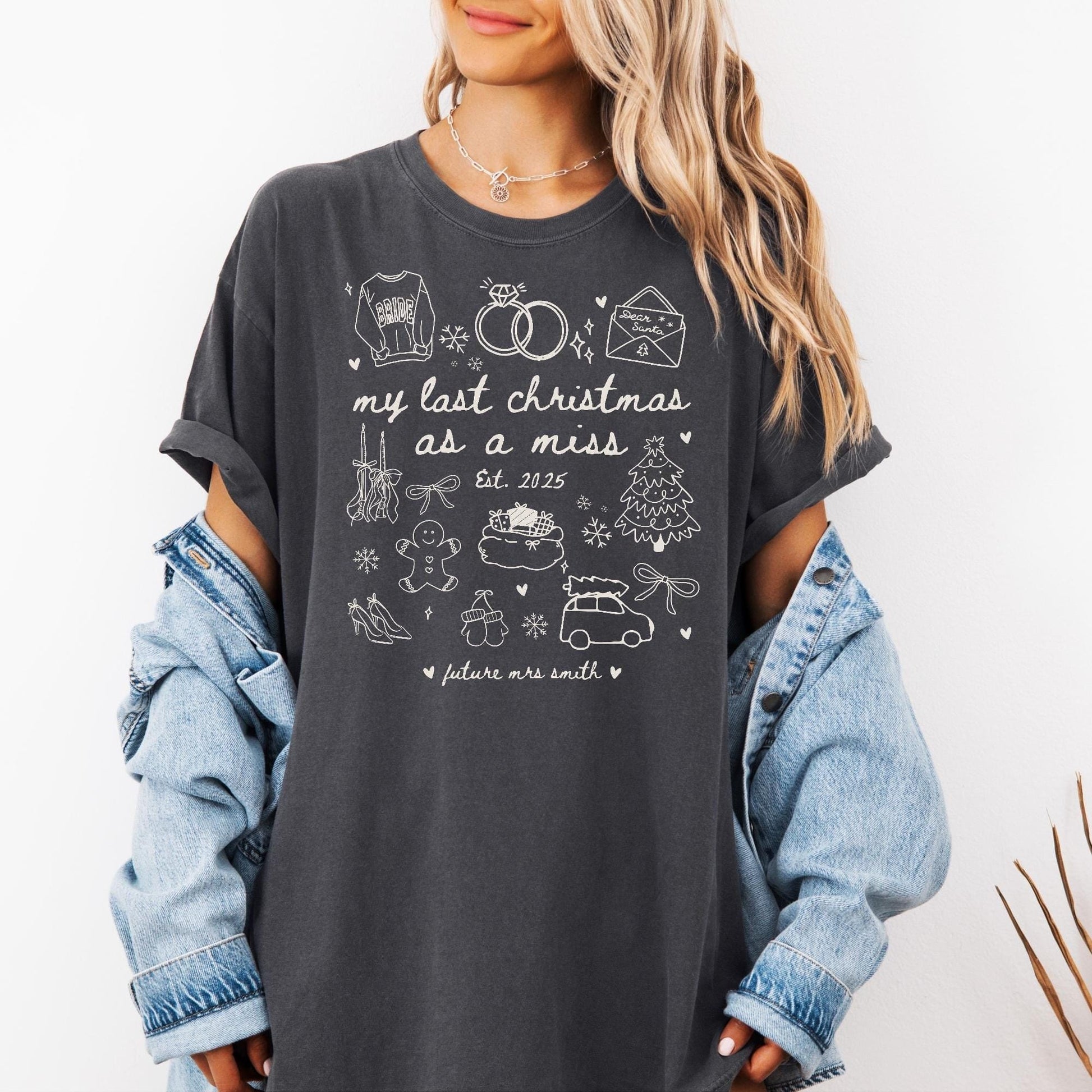 Custom Last Christmas As A Miss Comfort Colors Shirt, Newly Engaged Gift For Her, Personalized Bride to be Tee, Future Wifey T-Shirt, Xmas
