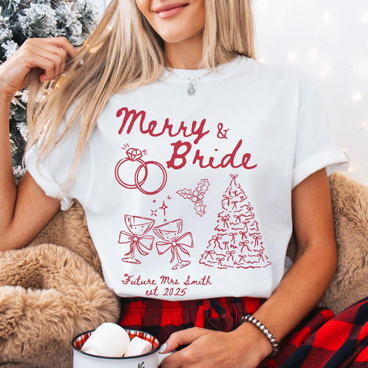 Custom Merry & Bride Comfort Colors Shirt, Newly Engaged Gift For Her, Personalized Bride to be Tee, Future Wifey T-Shirt, Holiday Party Tee