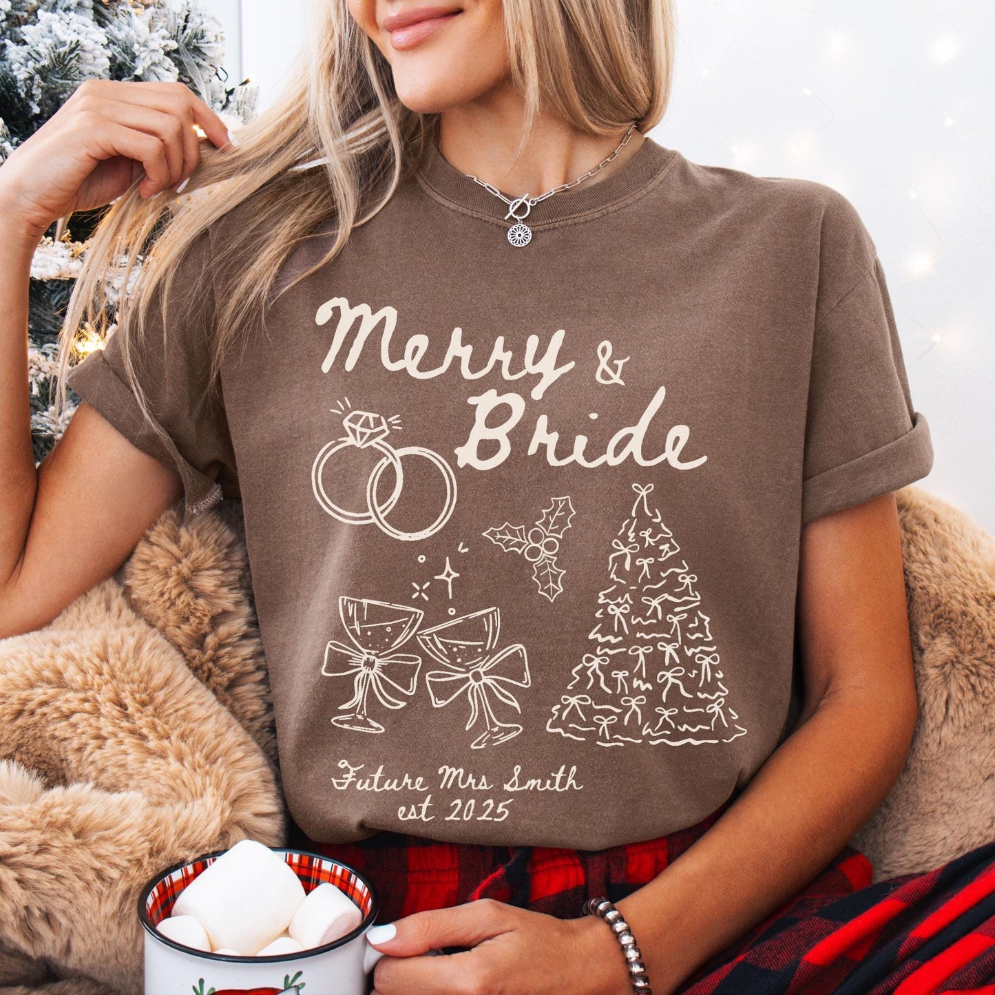 Custom Merry & Bride Comfort Colors Shirt, Newly Engaged Gift For Her, Personalized Bride to be Tee, Future Wifey T-Shirt, Holiday Party Tee