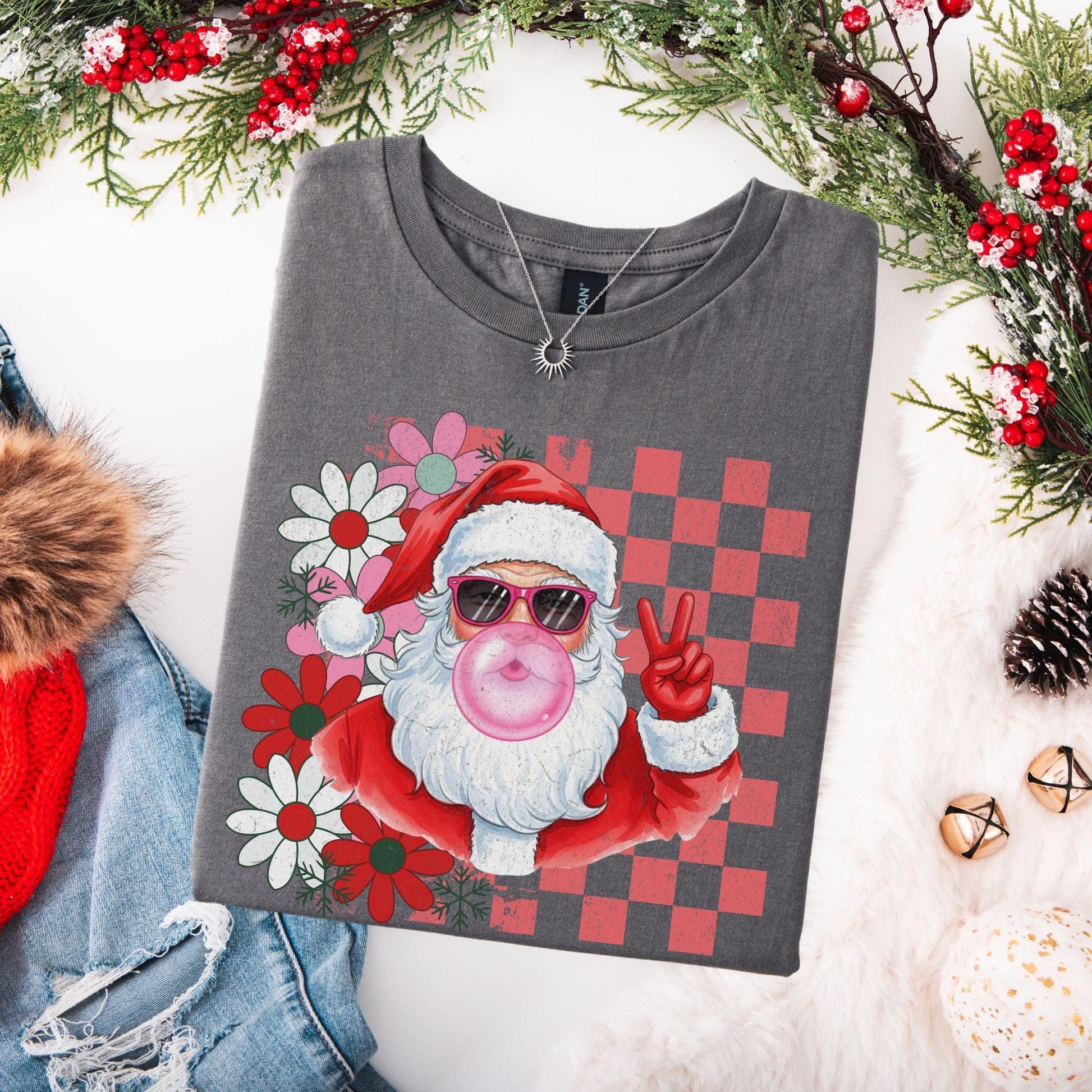 Retro Santa Shirt, Funny Santa With Sunglasses Xmas, Bubblegum Santa Tee, Xmas Gifts for Her, Vintage Merry Christmas Shirt, Matching Family