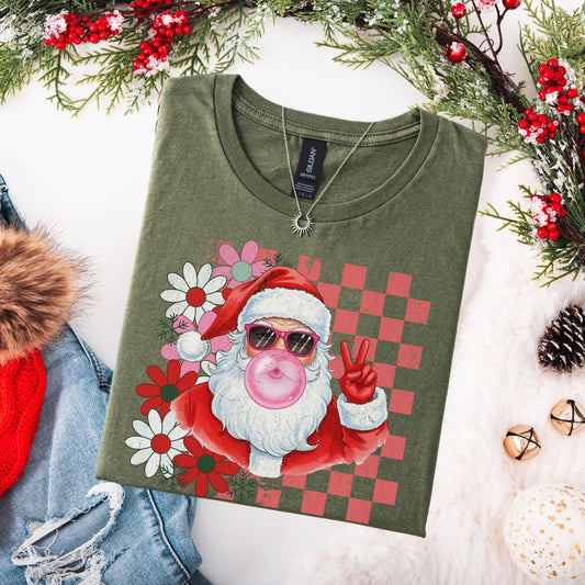 Retro Santa Shirt, Funny Santa With Sunglasses Xmas, Bubblegum Santa Tee, Xmas Gifts for Her, Vintage Merry Christmas Shirt, Matching Family