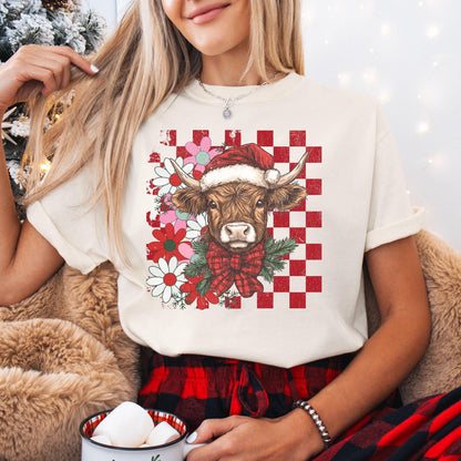 Highland Cow Christmas Comfort Colors Shirt, Vintage Merry Christmas TShirt, Western Christmas Outfit, Xmas Gift For Her, Coquette Cowgirl