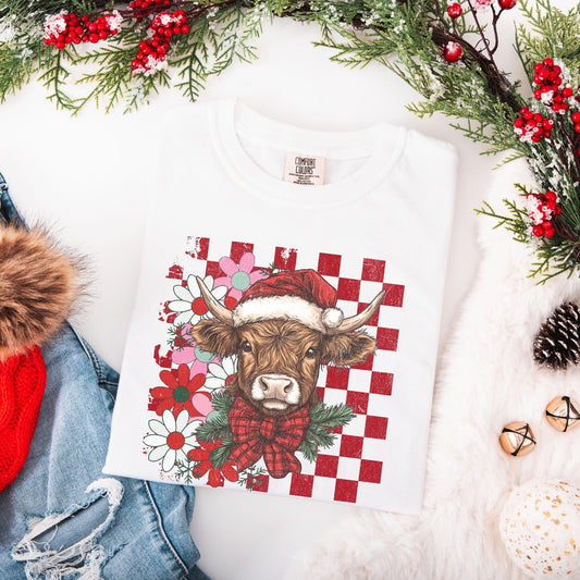 Highland Cow Christmas Comfort Colors Shirt, Vintage Merry Christmas TShirt, Western Christmas Outfit, Xmas Gift For Her, Coquette Cowgirl