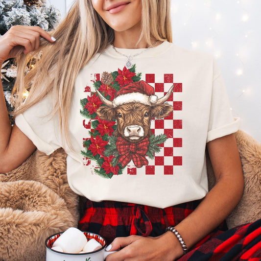 Highland Cow Christmas Comfort Colors Shirt, Vintage Merry Christmas TShirt, Western Christmas Outfit, Xmas Gift For Her, Coquette Cowgirl