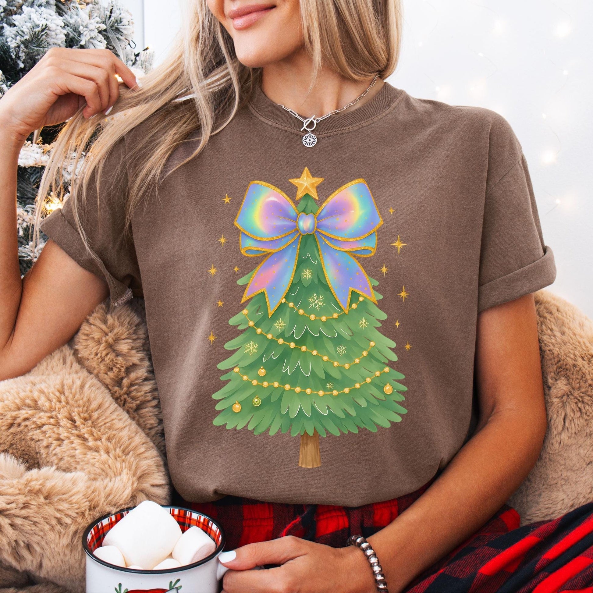 Coquette Bow Christmas Comfort Colors Shirt, Iridescent Christmas Tree T-Shirt, Xmas Gift for Her, Matching Family Holiday Tees, Cute Shirts