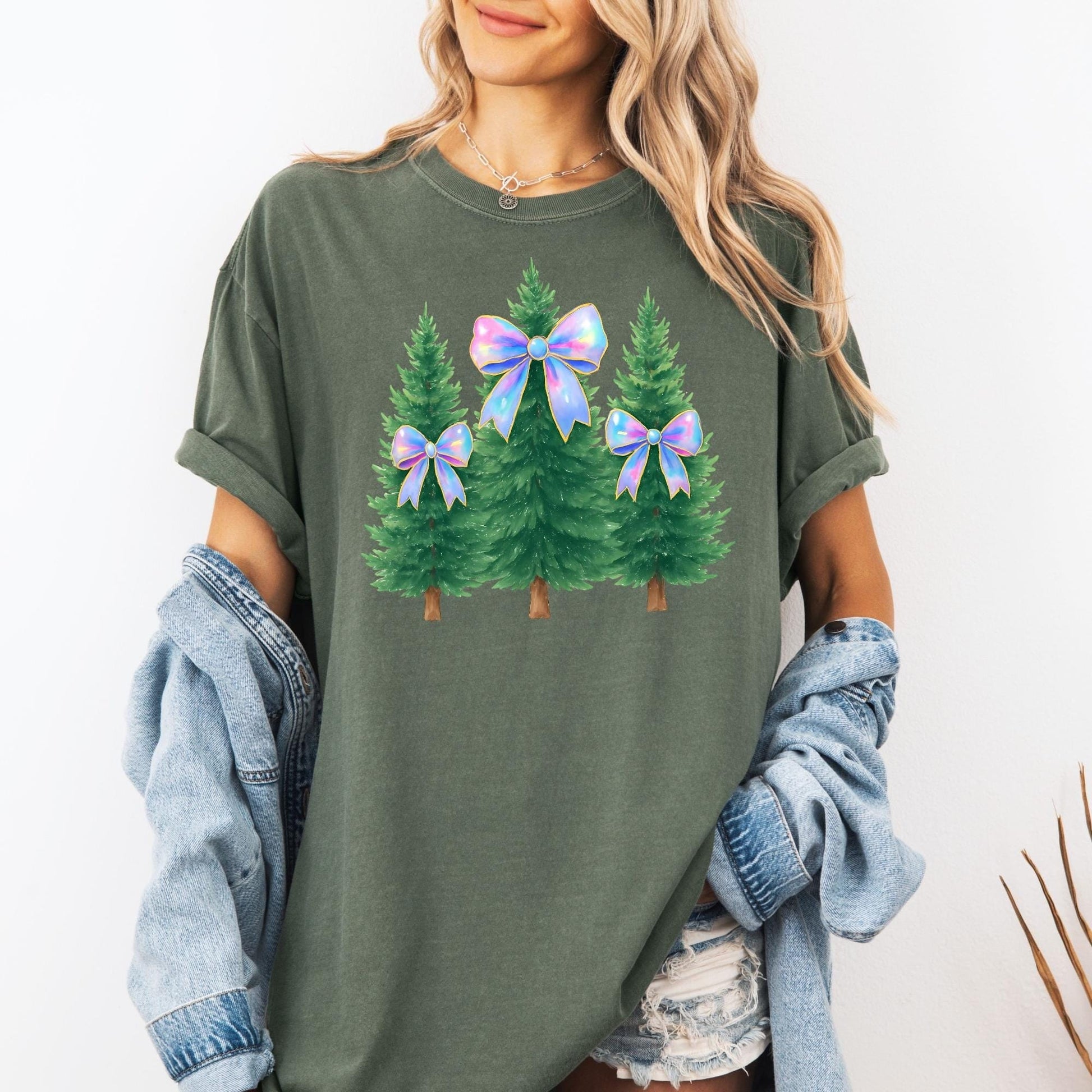 Coquette Bow Christmas Comfort Colors Shirt, Iridescent Christmas Tree T-Shirt, Xmas Gift for Her, Matching Family Holiday Tees, Girly Tee