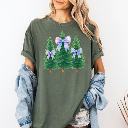 Coquette Bow Christmas Comfort Colors Shirt, Iridescent Christmas Tree T-Shirt, Xmas Gift for Her, Matching Family Holiday Tees, Girly Tee