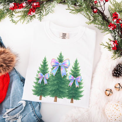 Coquette Bow Christmas Comfort Colors Shirt, Iridescent Christmas Tree T-Shirt, Xmas Gift for Her, Matching Family Holiday Tees, Girly Tee