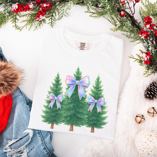 Coquette Bow Christmas Comfort Colors Shirt, Iridescent Christmas Tree T-Shirt, Xmas Gift for Her, Matching Family Holiday Tees, Girly Tee