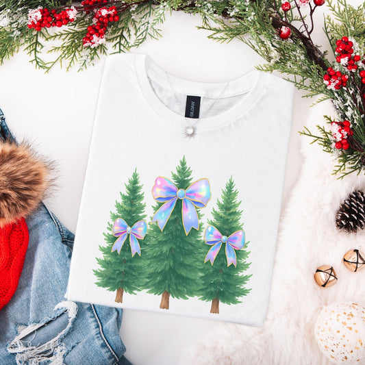 Coquette Bow Christmas Shirt, Iridescent Christmas Tree T-Shirt, Xmas Gift for Her, Matching Family Holiday Tees, Trendy Christmas Shirts