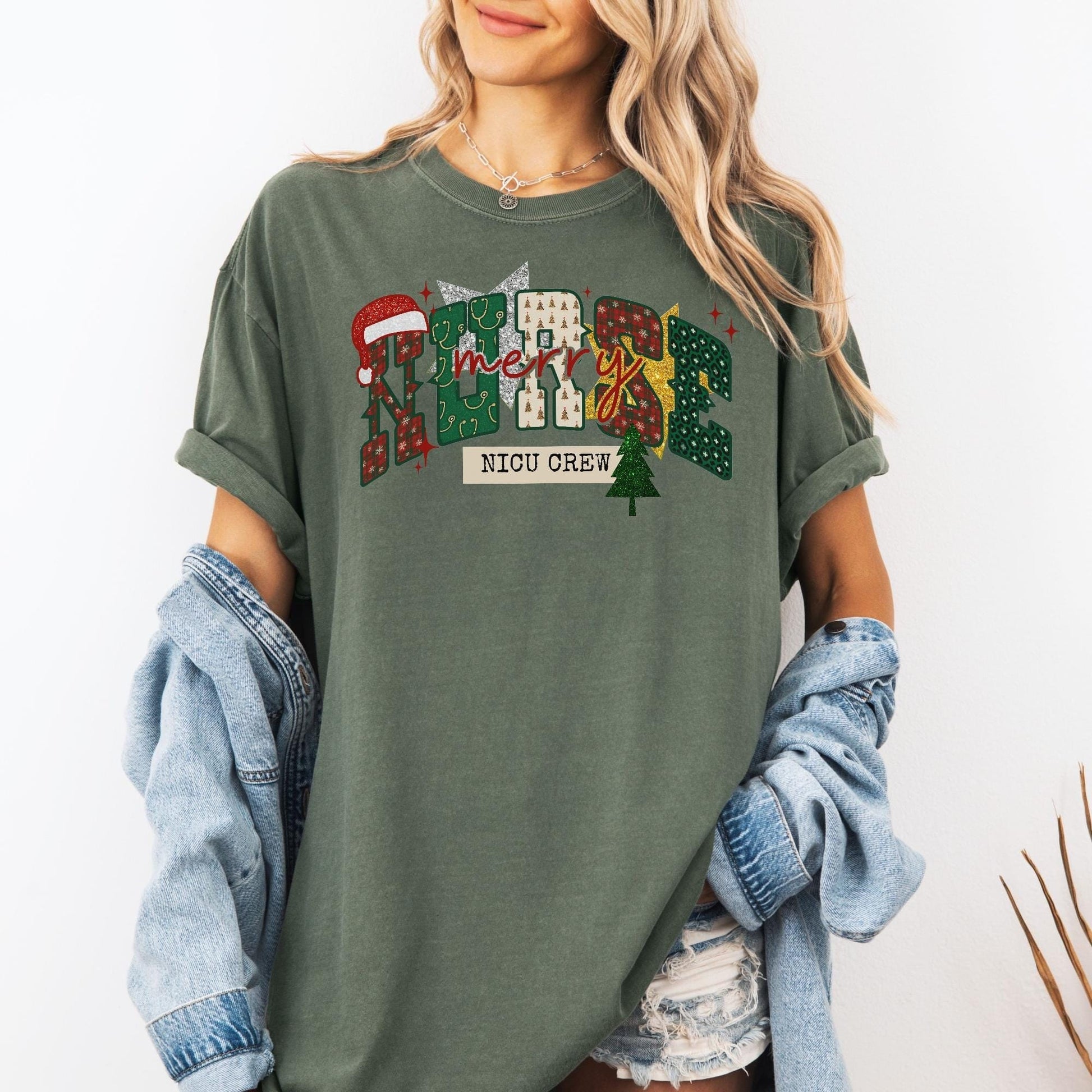 NICU Nurse Christmas Comfort Colors Shirt, Neonatal ICU T-Shirt, NICU Crew Christmas Shirts, Holiday Gifts for Neonatal Nurse, Faux Glitter