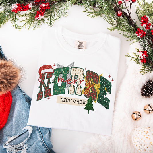 NICU Nurse Christmas Comfort Colors Shirt, Neonatal ICU T-Shirt, NICU Crew Christmas Shirts, Holiday Gifts for Neonatal Nurse, Faux Glitter