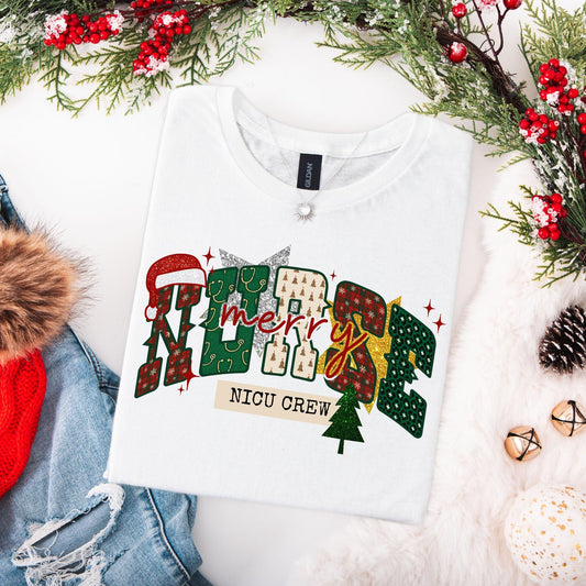 NICU Nurse Christmas Shirt, Neonatal ICU T-Shirt, NICU Crew Christmas Shirts, Holiday Gifts for Neonatal Nurse, Matching Tees, Faux Glitter
