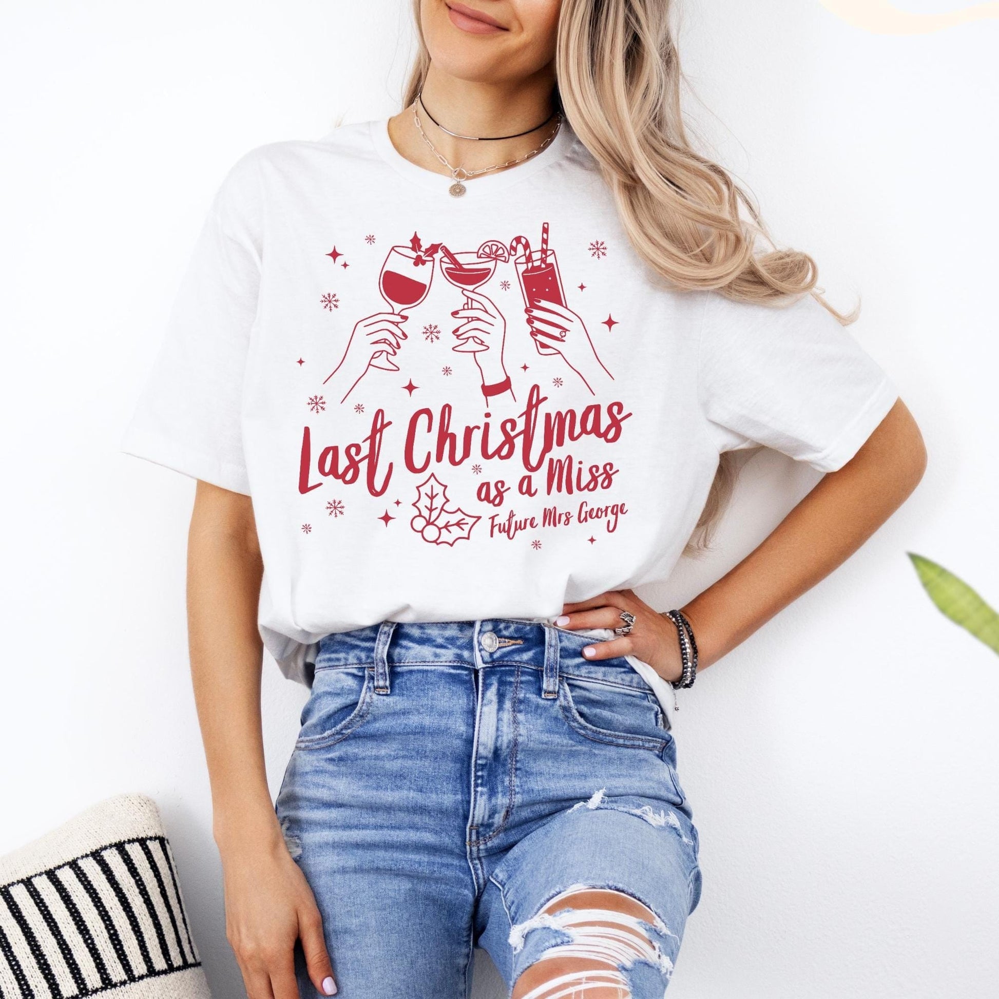 Custom Last Christmas As A Miss Shirt, Newly Engaged Gift For Her, Personalized Bride to be Tee, Future Wifey T-Shirt, Holiday Party Shirts