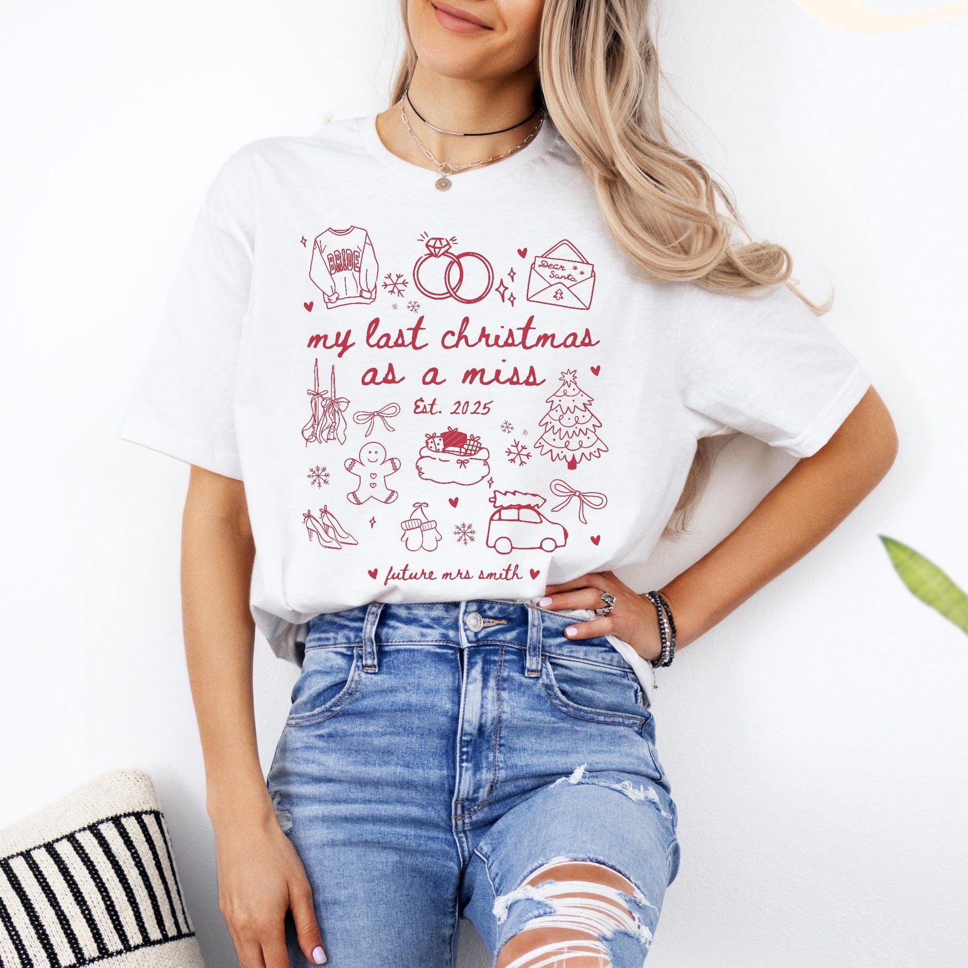 Custom Last Christmas As A Miss Shirt, Newly Engaged Gift For Her, Personalized Bride to be Tee, Future Wifey T-Shirt, Holiday Party Shirts