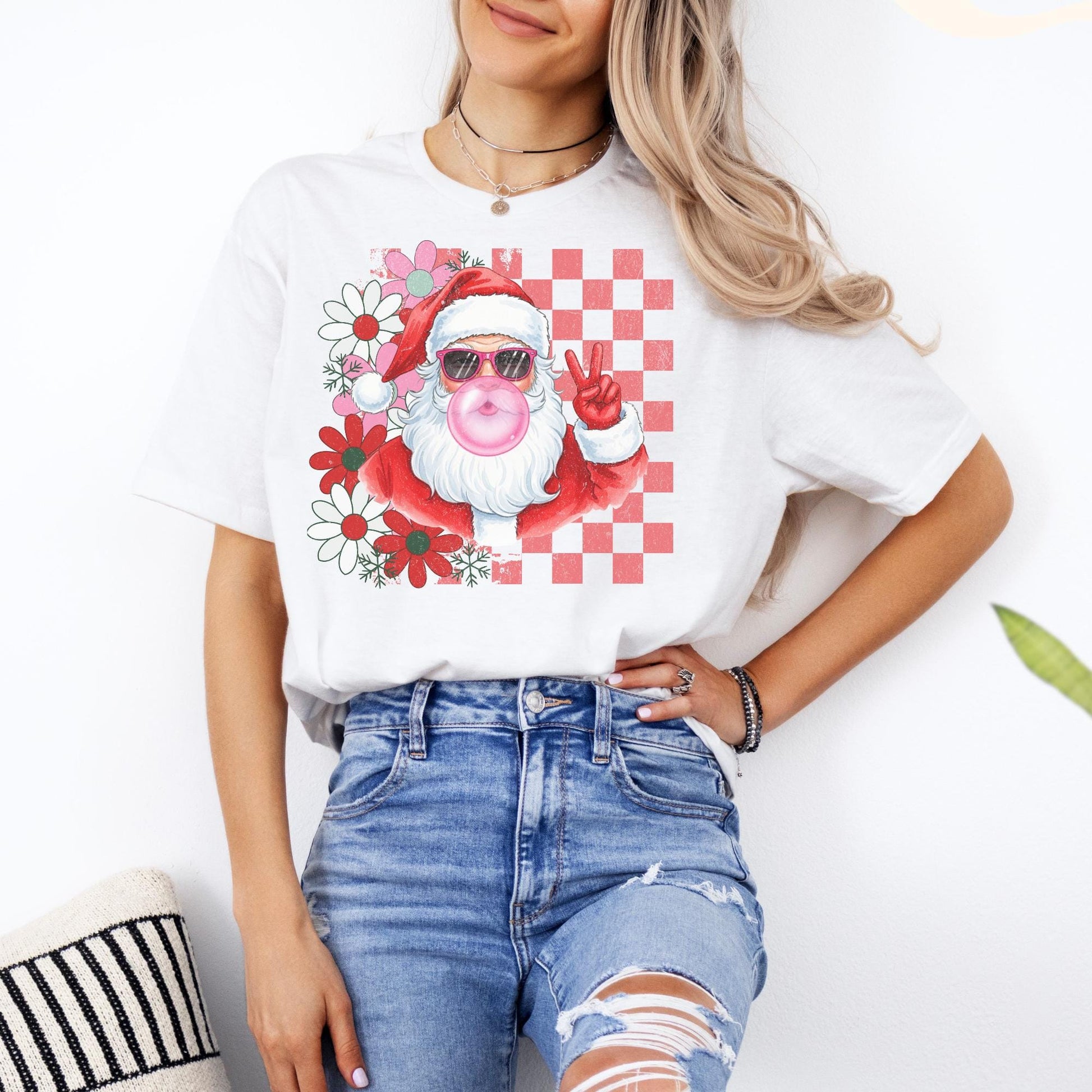 Retro Santa Shirt, Funny Santa With Sunglasses Xmas, Bubblegum Santa Tee, Xmas Gifts for Her, Vintage Merry Christmas Shirt, Matching Family