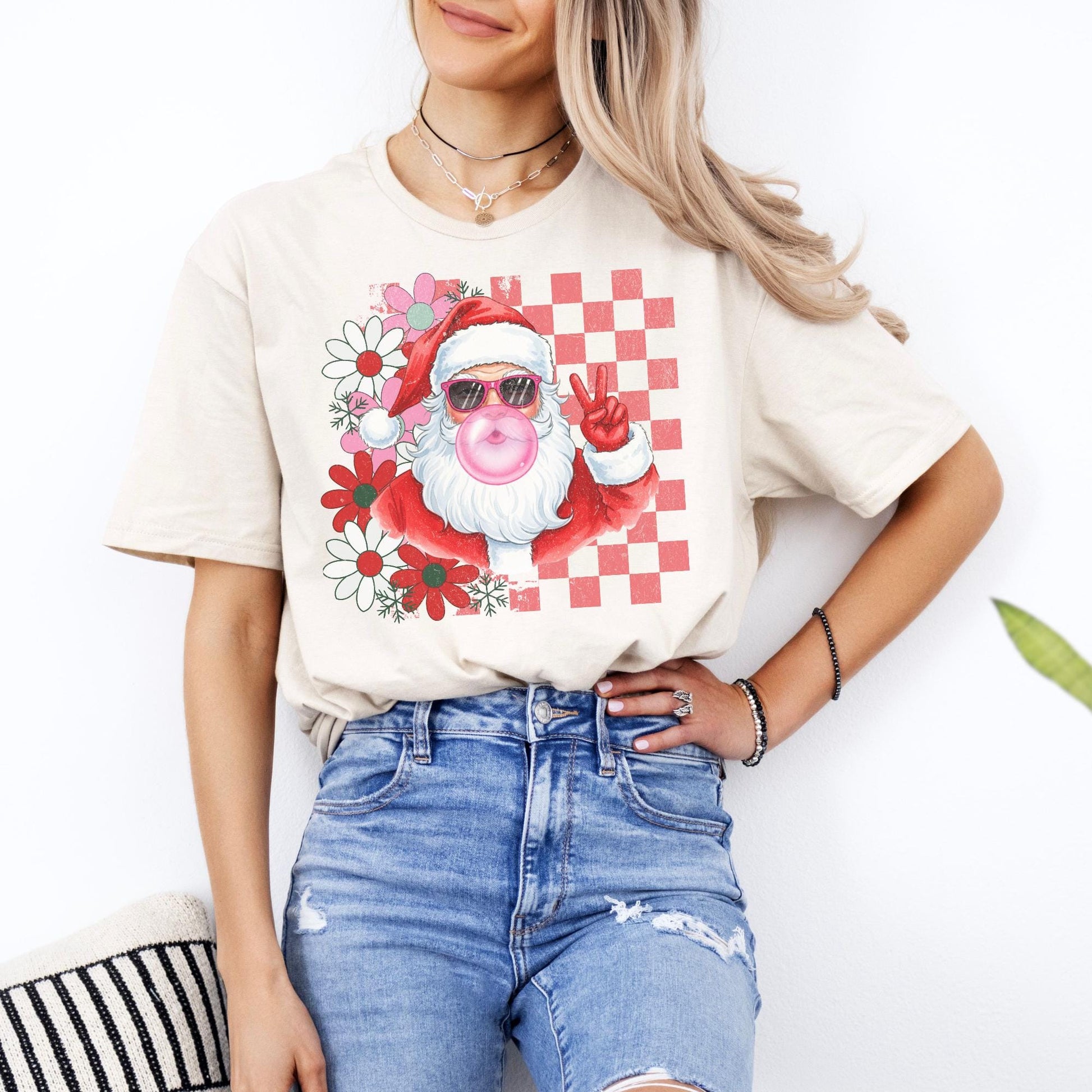 Retro Santa Shirt, Funny Santa With Sunglasses Xmas, Bubblegum Santa Tee, Xmas Gifts for Her, Vintage Merry Christmas Shirt, Matching Family