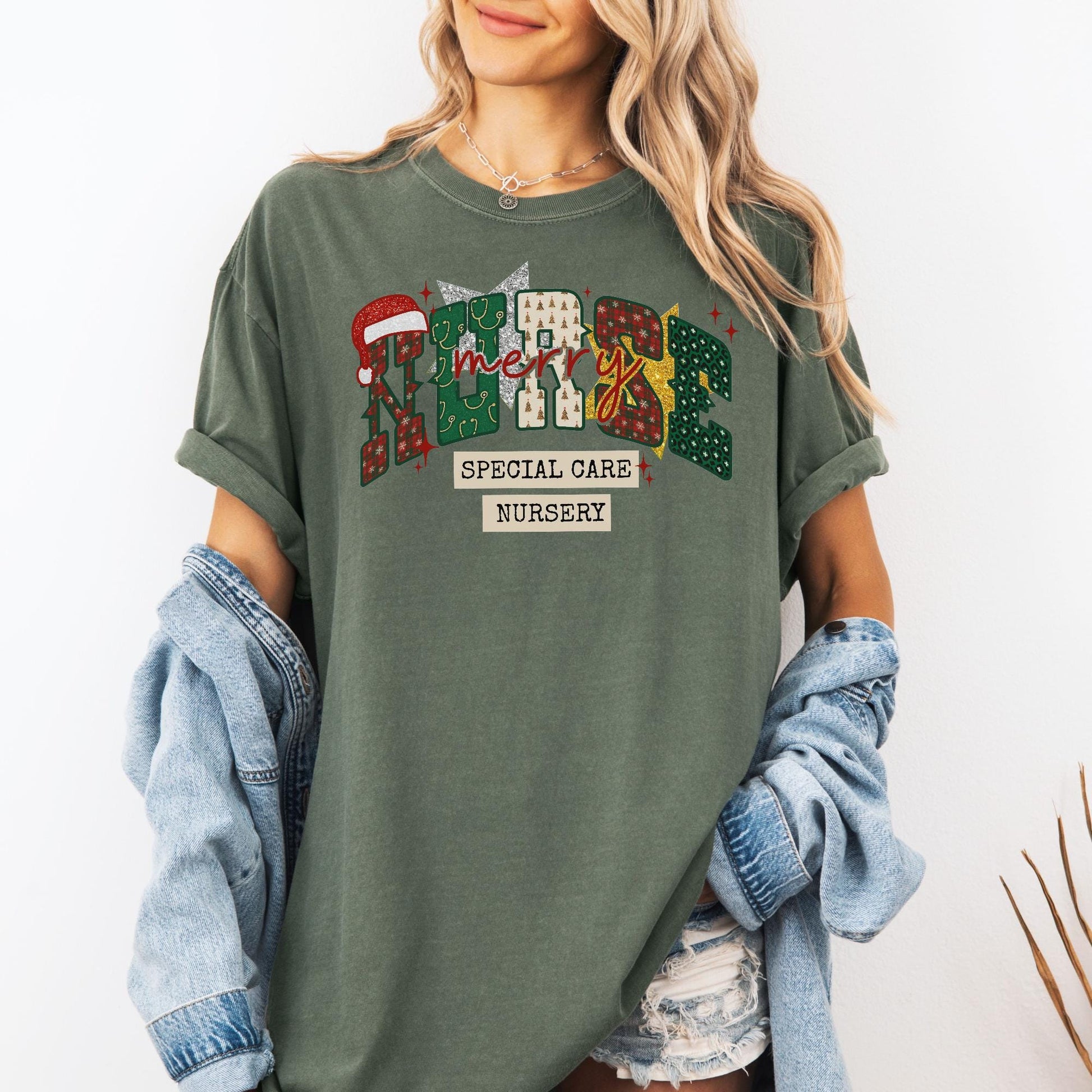 SCN Nurse Christmas Comfort Colors Shirt, Special Care Nursery T-Shirt, RN Christmas Shirts, Holiday Gifts for Baby Nurse, Faux Glitter