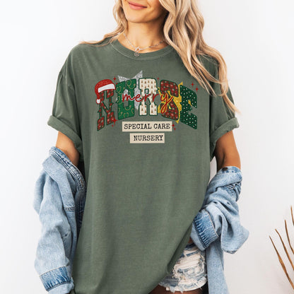 SCN Nurse Christmas Comfort Colors Shirt, Special Care Nursery T-Shirt, RN Christmas Shirts, Holiday Gifts for Baby Nurse, Faux Glitter