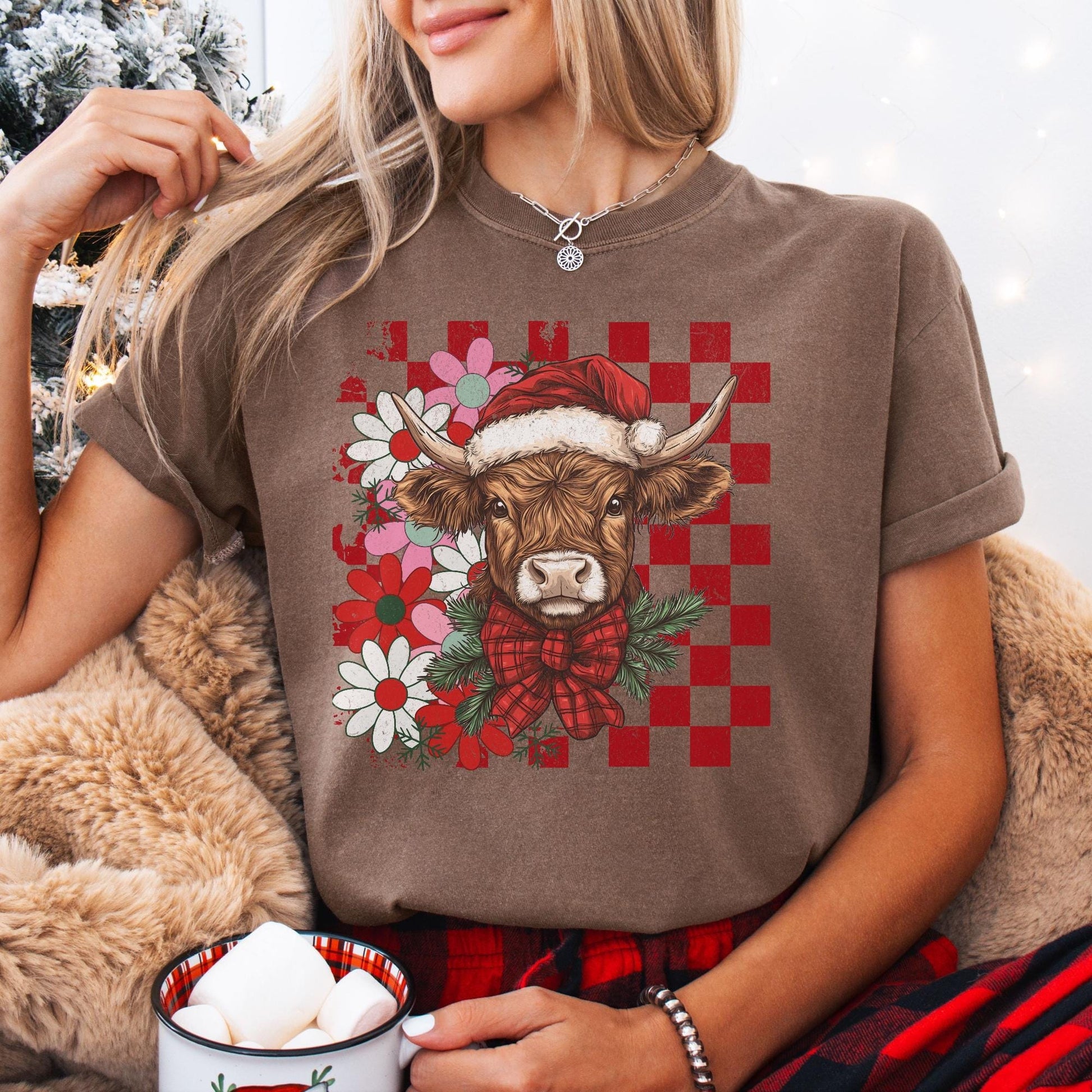 Highland Cow Christmas Comfort Colors Shirt, Vintage Merry Christmas TShirt, Western Christmas Outfit, Xmas Gift For Her, Coquette Cowgirl