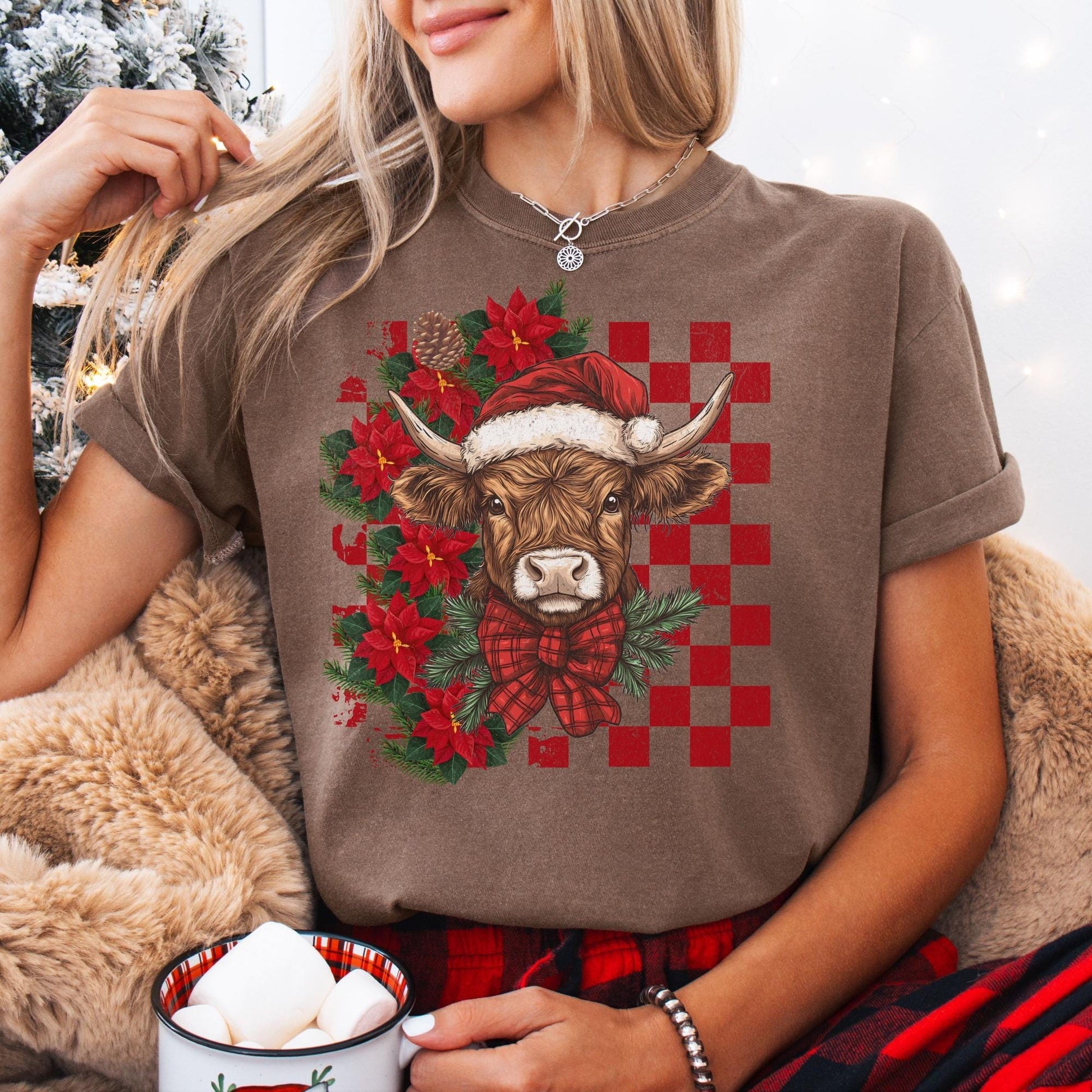 Highland Cow Christmas Comfort Colors Shirt, Vintage Merry Christmas TShirt, Western Christmas Outfit, Xmas Gift For Her, Coquette Cowgirl