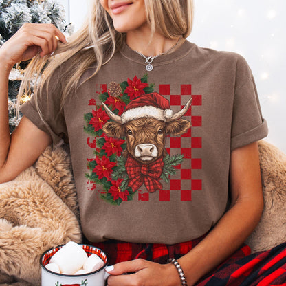 Highland Cow Christmas Comfort Colors Shirt, Vintage Merry Christmas TShirt, Western Christmas Outfit, Xmas Gift For Her, Coquette Cowgirl