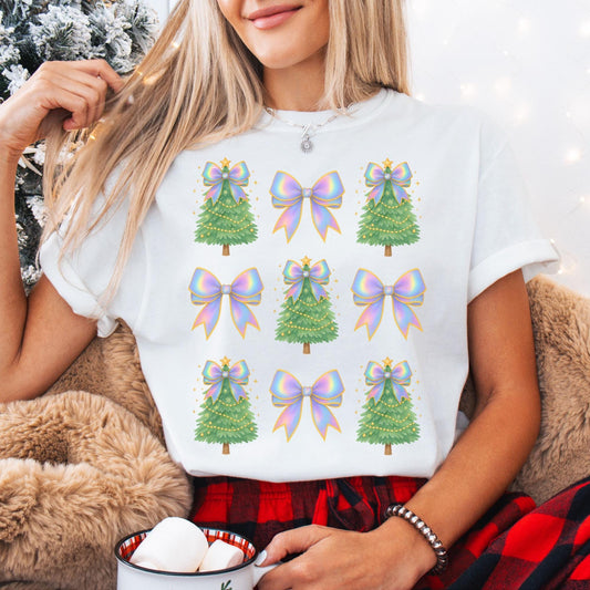 Coquette Bow Christmas Comfort Colors Shirt, Iridescent Christmas Tree T-Shirt, Xmas Gift for Her, Matching Family Holiday Tees, Cute Shirts