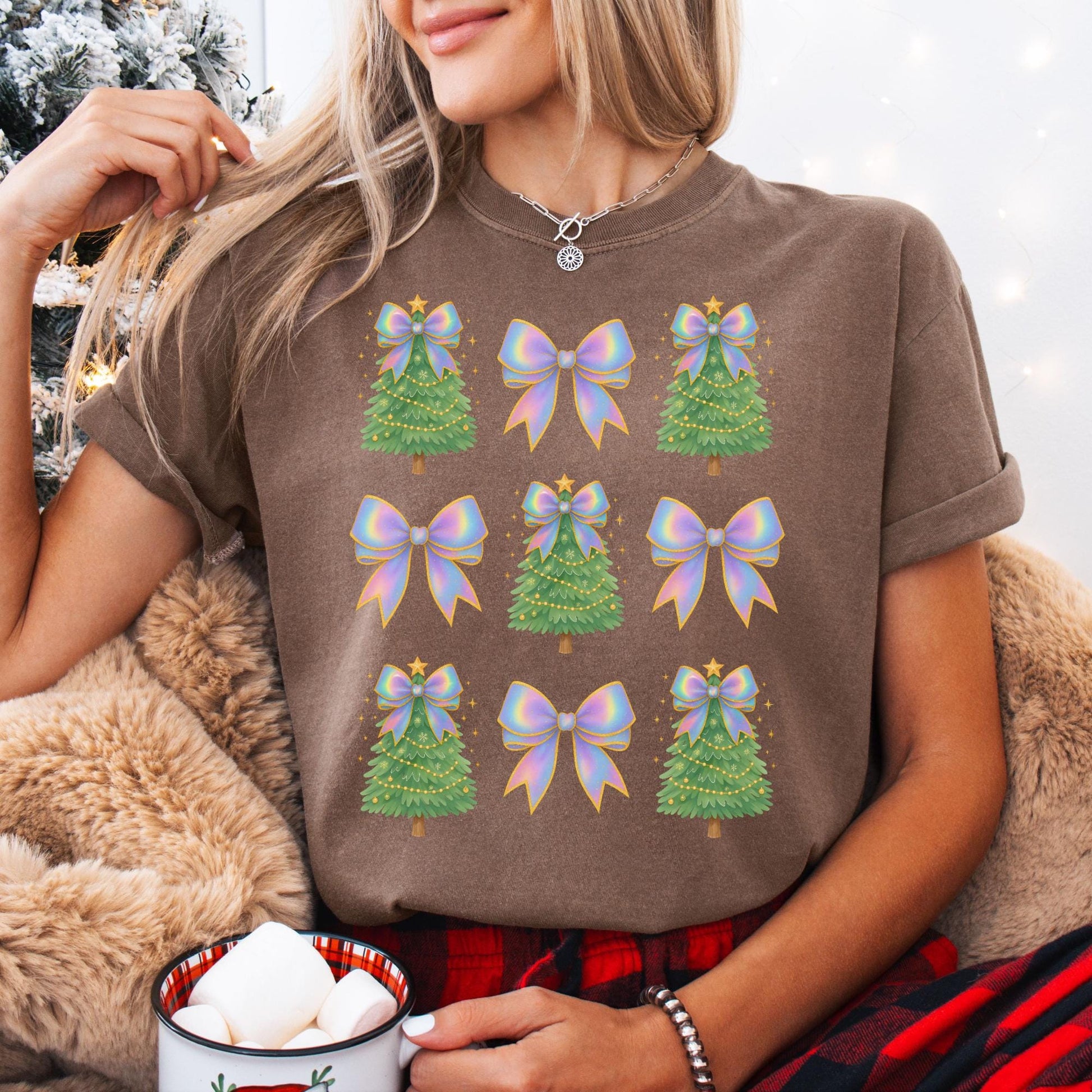 Coquette Bow Christmas Comfort Colors Shirt, Iridescent Christmas Tree T-Shirt, Xmas Gift for Her, Matching Family Holiday Tees, Cute Shirts