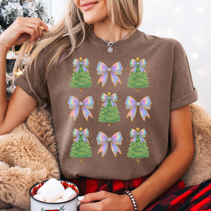 Coquette Bow Christmas Comfort Colors Shirt, Iridescent Christmas Tree T-Shirt, Xmas Gift for Her, Matching Family Holiday Tees, Cute Shirts
