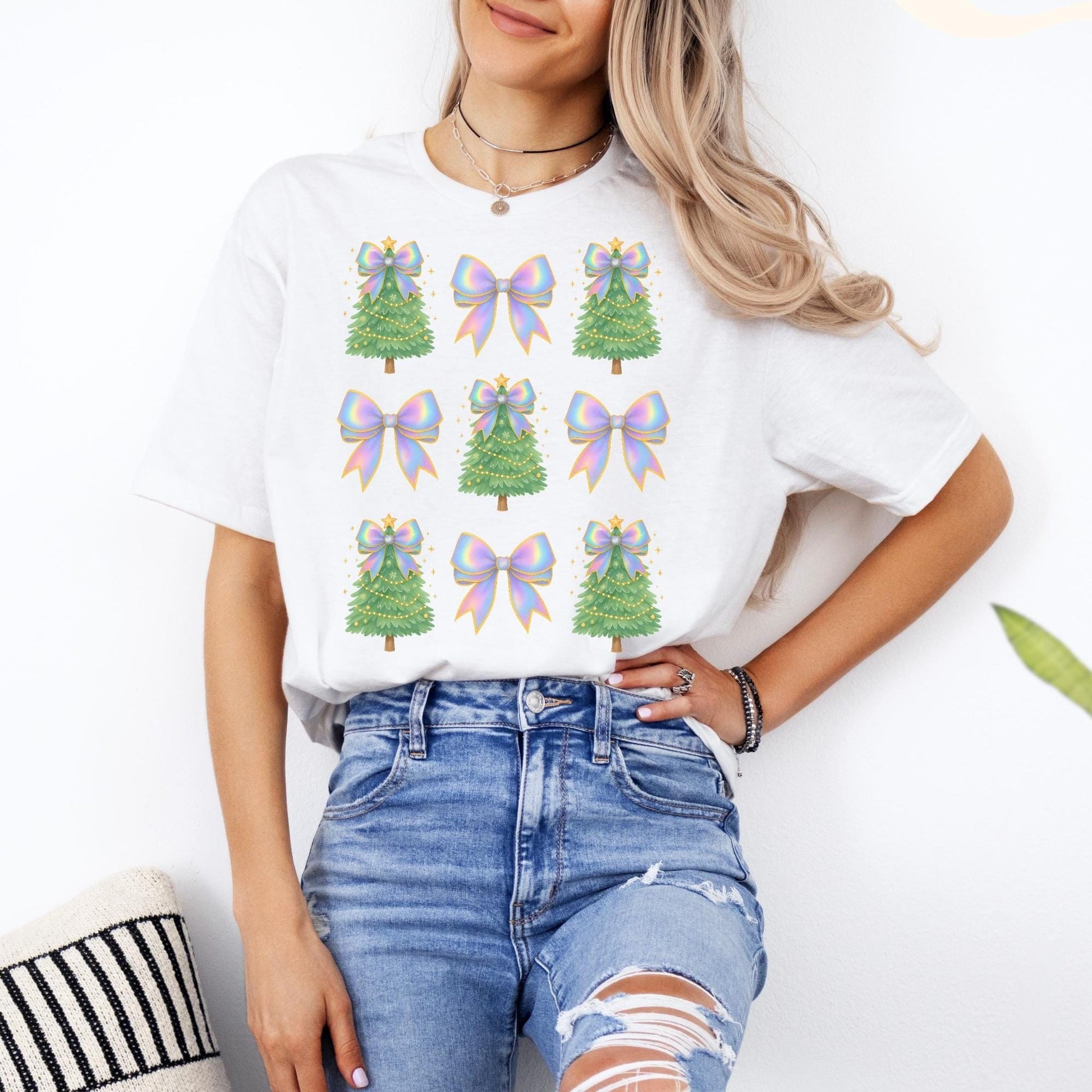 Coquette Bow Christmas Shirt, Iridescent Christmas Tree T-Shirt, Xmas Gift for Her, Matching Family Holiday Tees, Trendy Christmas Shirts