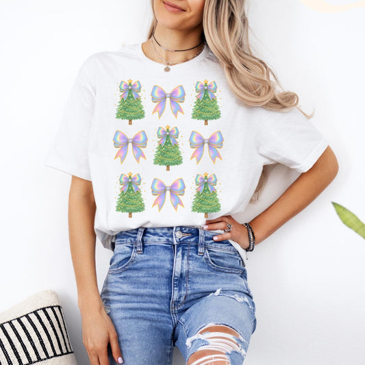 Coquette Bow Christmas Shirt, Iridescent Christmas Tree T-Shirt, Xmas Gift for Her, Matching Family Holiday Tees, Trendy Christmas Shirts