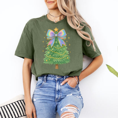 Coquette Bow Christmas Shirt, Iridescent Christmas Tree T-Shirt, Xmas Gift for Her, Matching Family Holiday Tees, Trendy Christmas Shirts