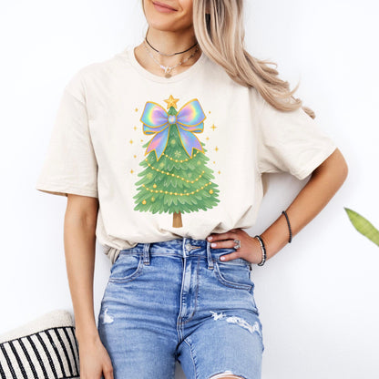 Coquette Bow Christmas Shirt, Iridescent Christmas Tree T-Shirt, Xmas Gift for Her, Matching Family Holiday Tees, Trendy Christmas Shirts